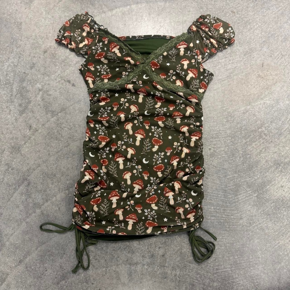 Women's Green Mushroom Print Ruched Mini Dress Lace Trim Side Ties Small